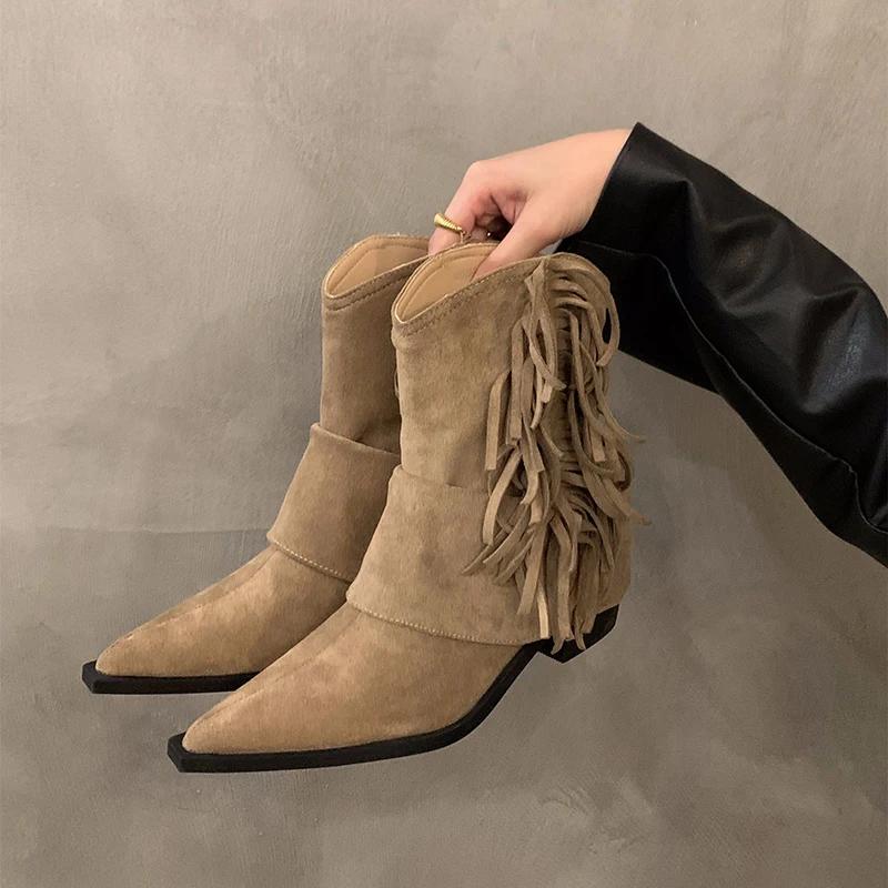 Mote Vintage dusker Kvinner Western Cowgirl-støvler Mote Elegante spisse sko Høst tykk hæl Korte støvletter for kvinner