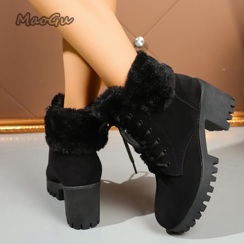 Fashion Faux Fur Lace Up Ankle Boots Warm Women 2025 Autumn Winter Fashion Solid Black High Heel Boots Warm Short Plush Booties Non-slip