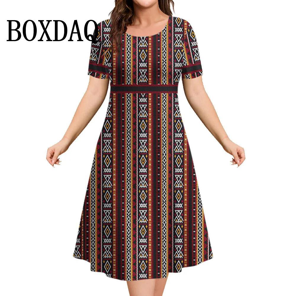 Damen Sommerkleid Retro Ethnisch Rundhalsausschnitt Kurzarm Geblümt 3D Gedruckt Locker Übergröße Damenkleider Vestidos Modekleidung