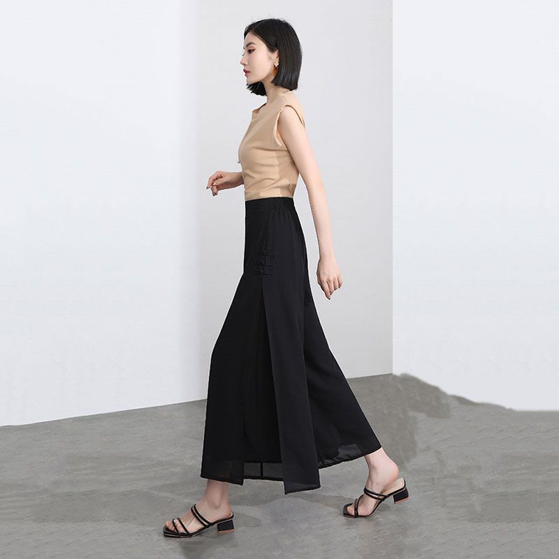 Summer Thin Chiffon New 2024 Hot White Wide Leg Pants Women's Nine Split Pants Skirt