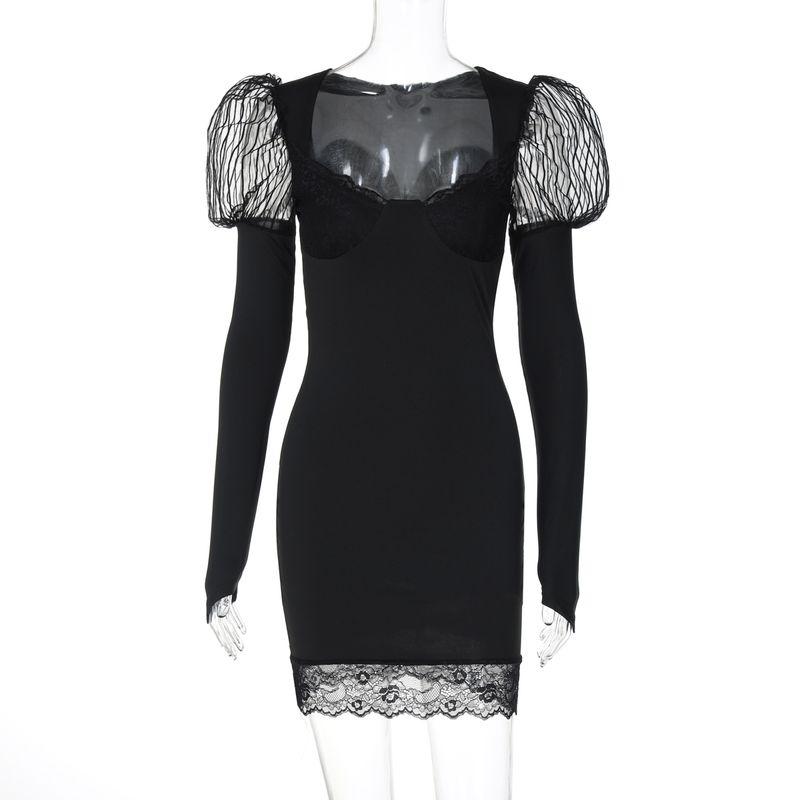 

Shemoda Sexy Low Collar Lace Patchwork Bubble Long Sleeve Dress Women s Stretch Silm Sexy Hip Skirt Black S
