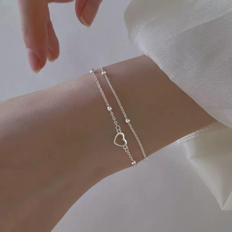 925 Silver Hollow Heart Bracelets For Women Girls Vintage Korean Design Double Layer Beads Bracelet Party Jewelry Gifts