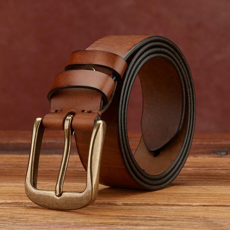 Retro Fashion Personality Trend Handmade First Layer Pure Cowhide Belt Men'S Genuine Leather Copper Buckle Korean Version Casual Denim Belt