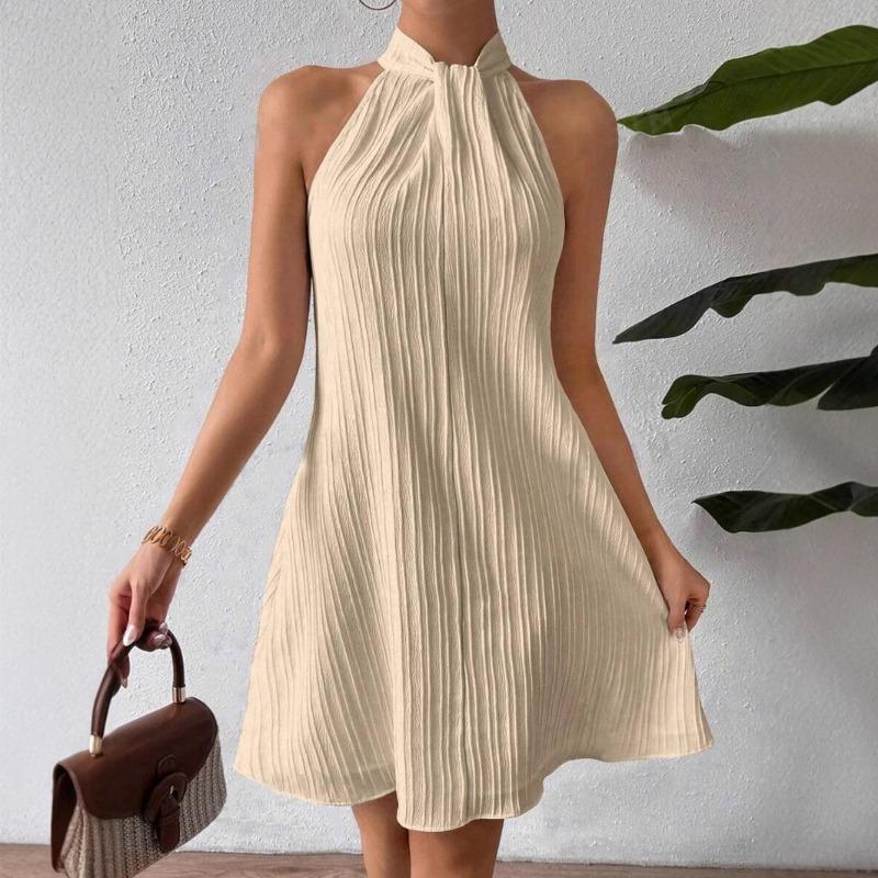 Summer Sleeve White Loose Dress Fashion Women's Hanging Neck Pleated Dress Party Casual Elegant Sweet A-line Short Dress Holiday Clothing