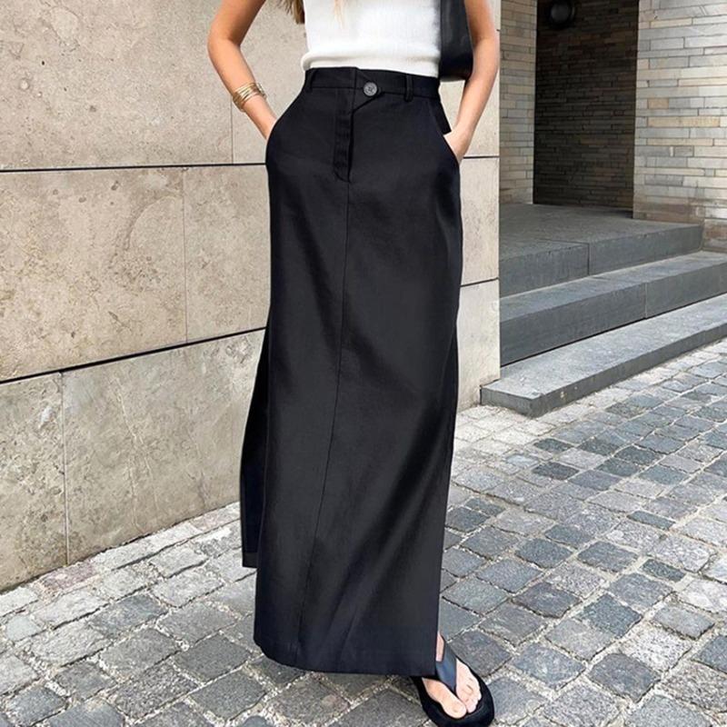 Black cotton silk long dress women s spring split fork high waist temperament commuting drape European and American skirt S