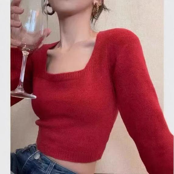 Square Collar Inner Long-Sleeved Knitted Sweater Women'S New Spring And Autumn Niche High-Waisted Short Bottoming Top Tide