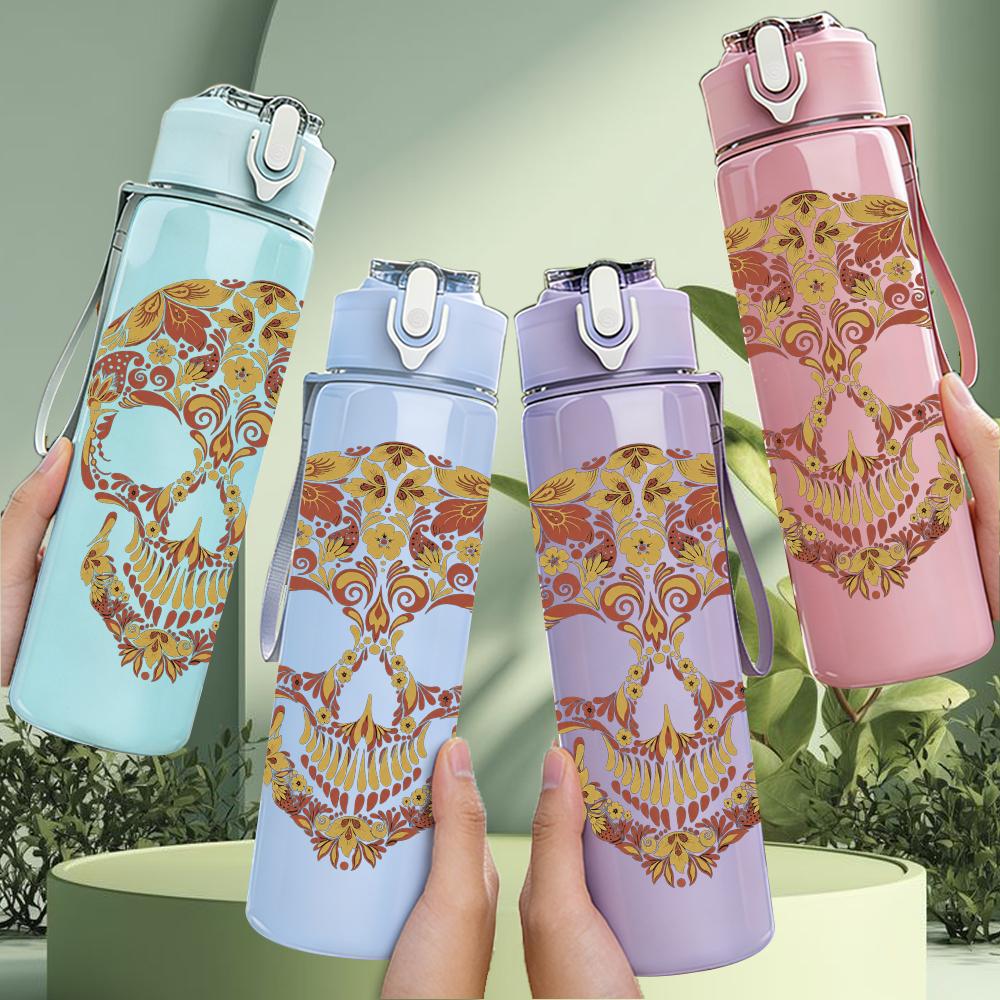 1PC Ornate Floral Skull Retro Art Print 750ml Portable Sports Water Bottle Leakproof Gym Outdoor Travel Drink Cup