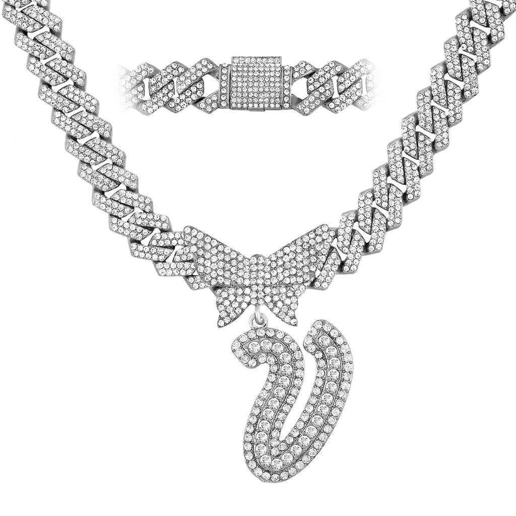 Men Women 14MM Cuban Chain Crystal Butterfly Initials Name Pendant Necklace Iced Out Cursive Letters Rapper Necklace Jewelry New