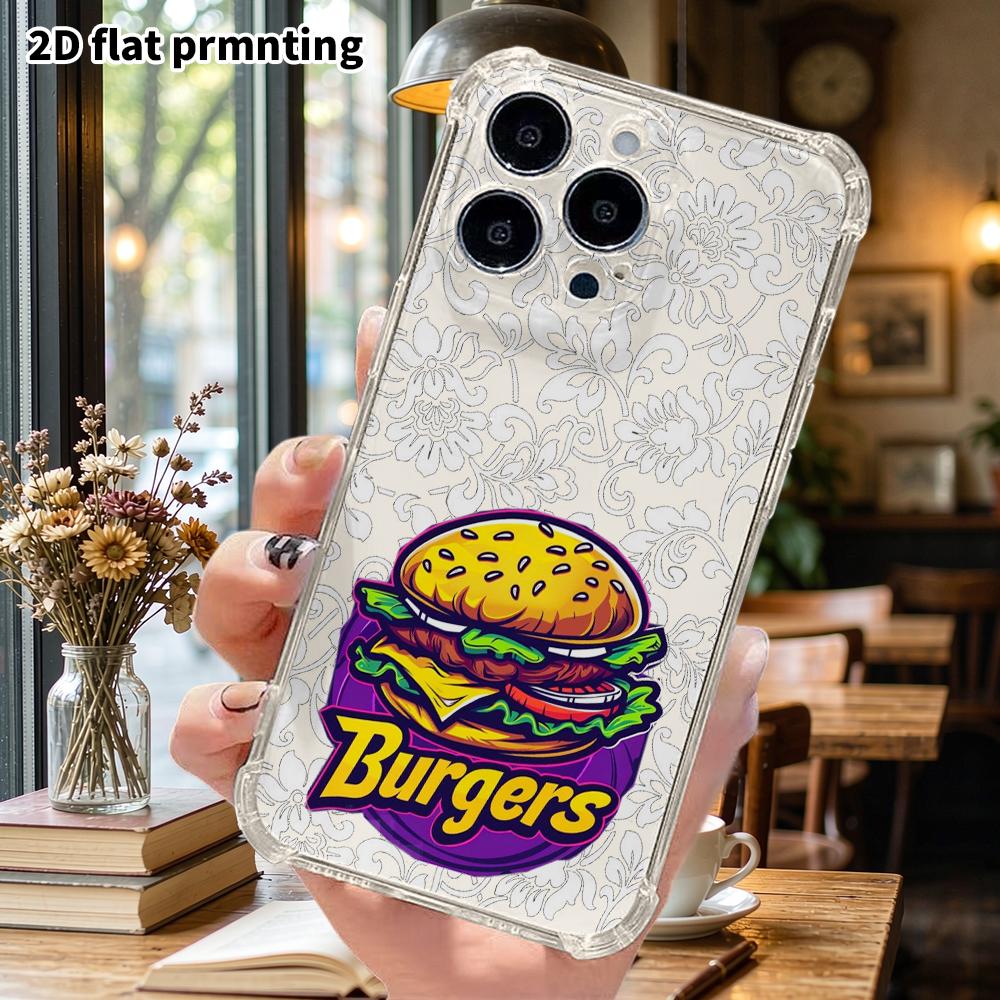 Phone Case: 2D flat suitable for iPhone 18 17 16 15 14 13 Pro transparent corner protection case, with hamburger, Christmas, and Halloween gifts