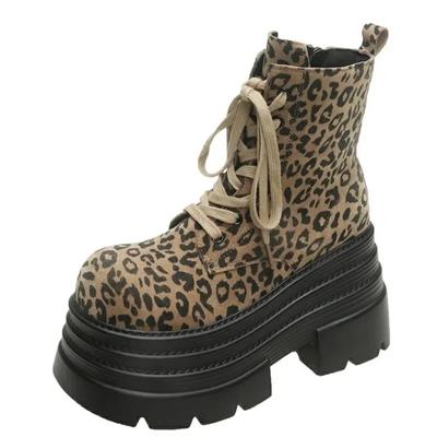 Fashion 10CM High Platform Women Ankle Boots Leopard Heels Motorcycle Boots Chunky Lace Up Sneakers Trend Winter Goth Short Botas Mujer
