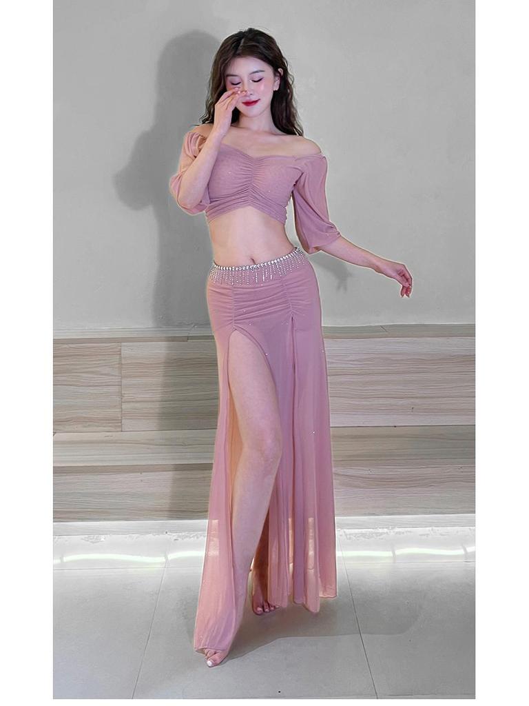 2024 Übergröße Schlankmachendes Netzoberteil Bauchtanz Übungs- & Bühnenkostüm