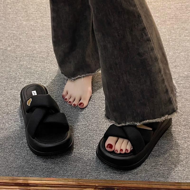 

Muffin thick-soled cool slippers women s summer wear fashion and high sense Internet celebrity one-word drag 2025 new super fire beach shoes 35 чёрный