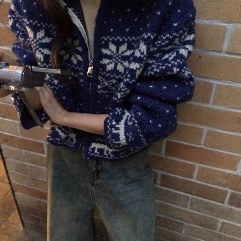 New Fall Women's Clothing Vintage Style Heavy Industry Stand Collar Zipper Knitting Cardigan Snowflake Embroider Sweater Long Sleeve Outwear