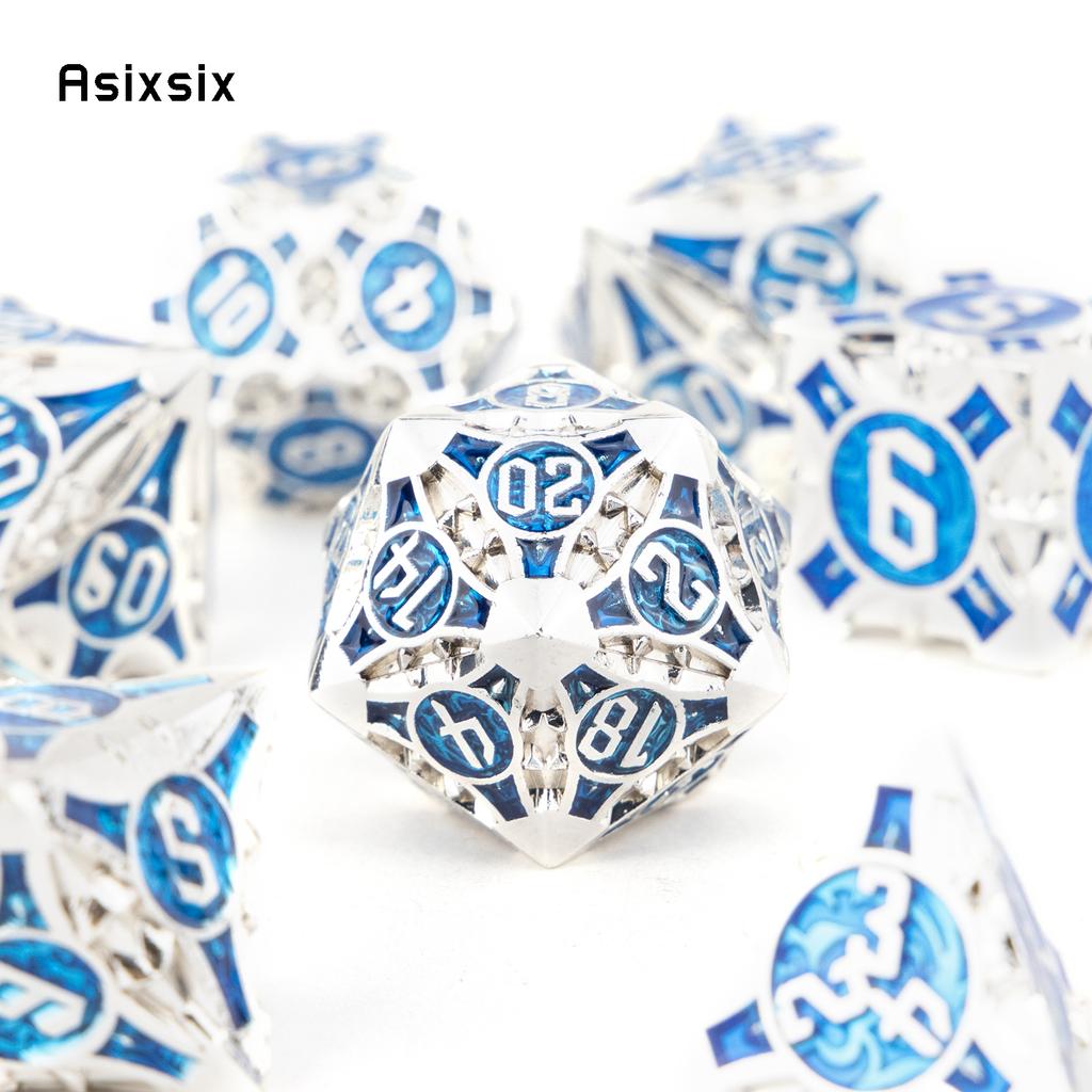 7 Pcs Blue White Metal Dice Solid Metal Polyhedral Dice Set Suitable For Role-Playing Dice PropBoard Game Gift