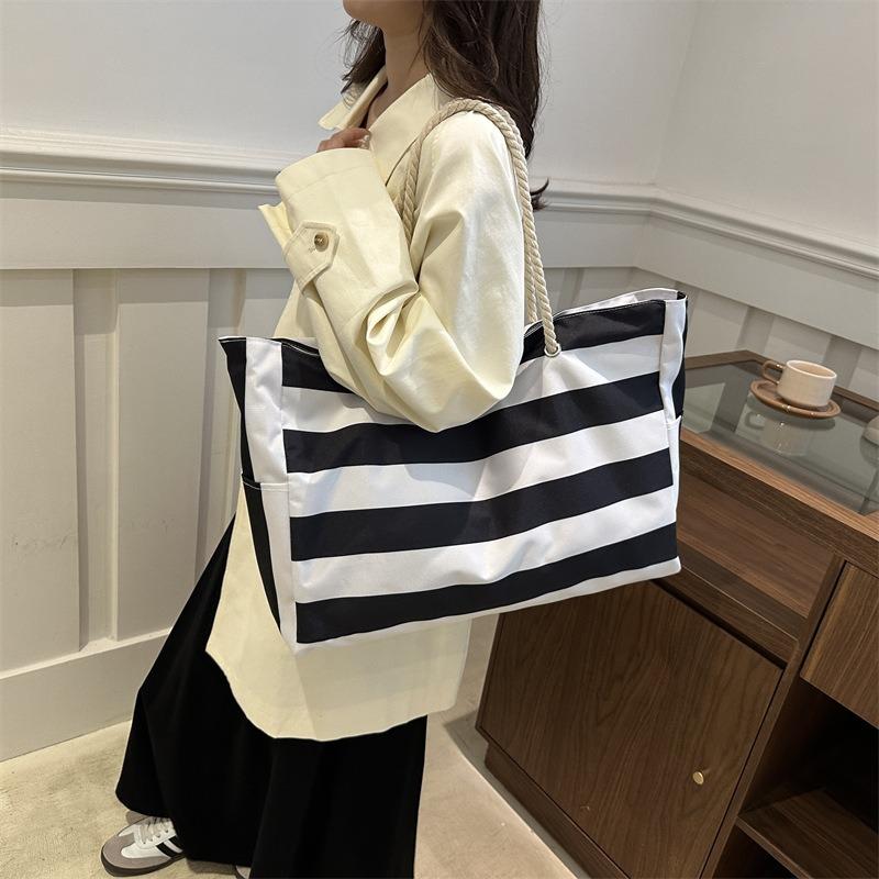 Striped Canvas Casual New Fashion Personalized Large Capacity Commuting Rope Tote Shoulder Bag Women