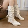 Retro style~ thick heel white heightening pile boots women's twist belt design but knee high boots pointed western boots