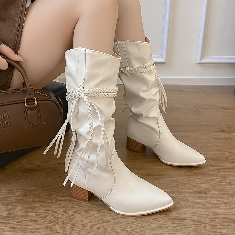 Retro style~ thick heel white heightening pile boots women's twist belt design but knee high boots pointed western boots