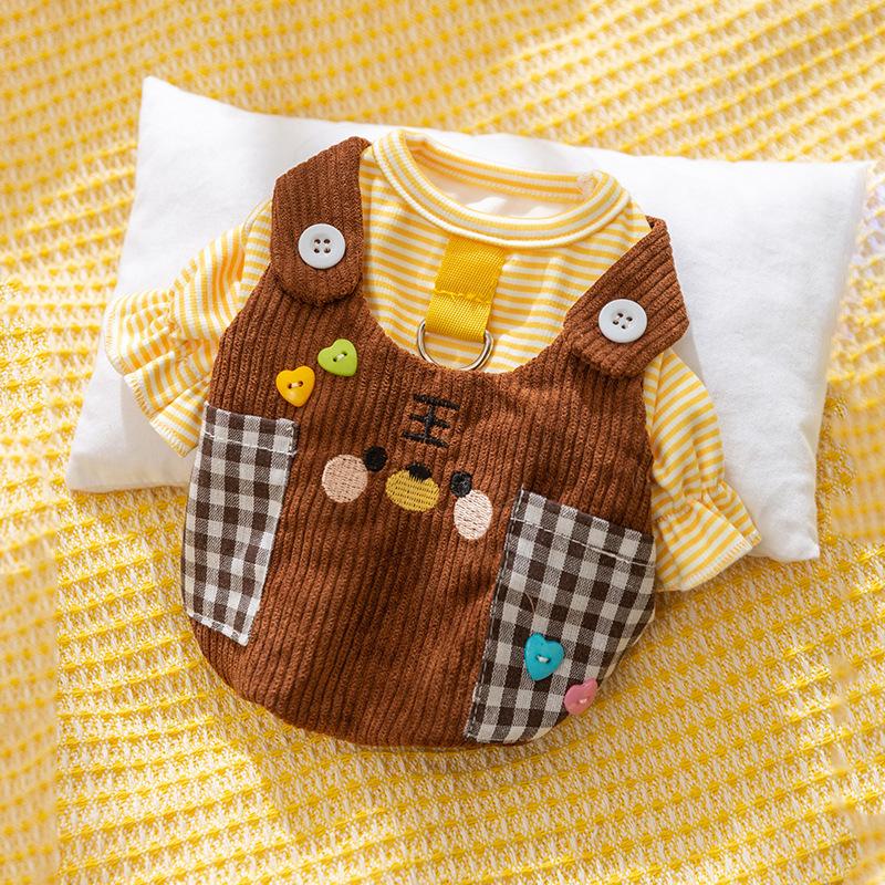 Dog Clothes Plaid Pockets Straps Traction Bipods Autumn and Winter Sweatshirts Going Out Traction Pet Clothes
