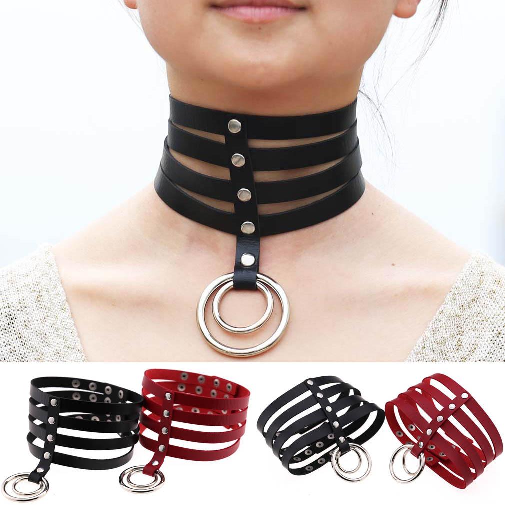 Four Row Rivet PU Leather Choker, Harajuku Punk Circular Ring Street Bar Necklace