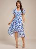 Ever-Pretty Women's Short Sleeve V-Neck Ruffled Floral Asymmetrical Midi Wedding Guest Dress