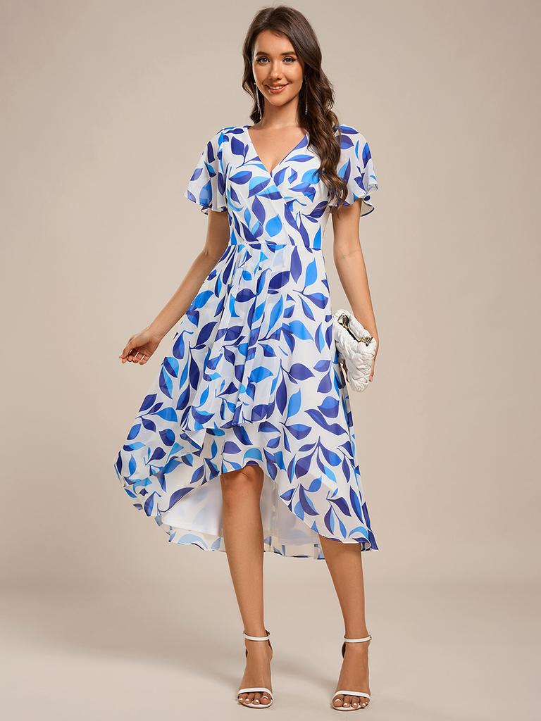 Ever-Pretty Women's Short Sleeve V-Neck Ruffled Floral Asymmetrical Midi Wedding Guest Dress