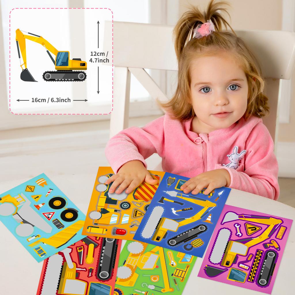 6 Blatt Kinder DIY Puzzle Aufkleberspiele 6 Ingenieurfahrzeuge Gesicht gestalten Lustig Zusammenbauen Puzzles Aufkleber Kinder Lernspielzeug