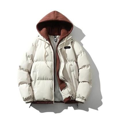 Casaco de inverno acolchoado de algodão, jaqueta acolchoada de algodão, moderna, falsa, de duas peças, combinando cores, solta e espessa, masculina, com capuz, acolchoada de pão