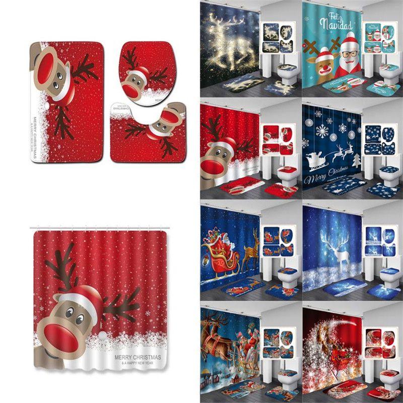 Premium Christmas Shower Curtain With Toilet Seat Cover Mats Rug Set For Stylish Holiday Bathroom