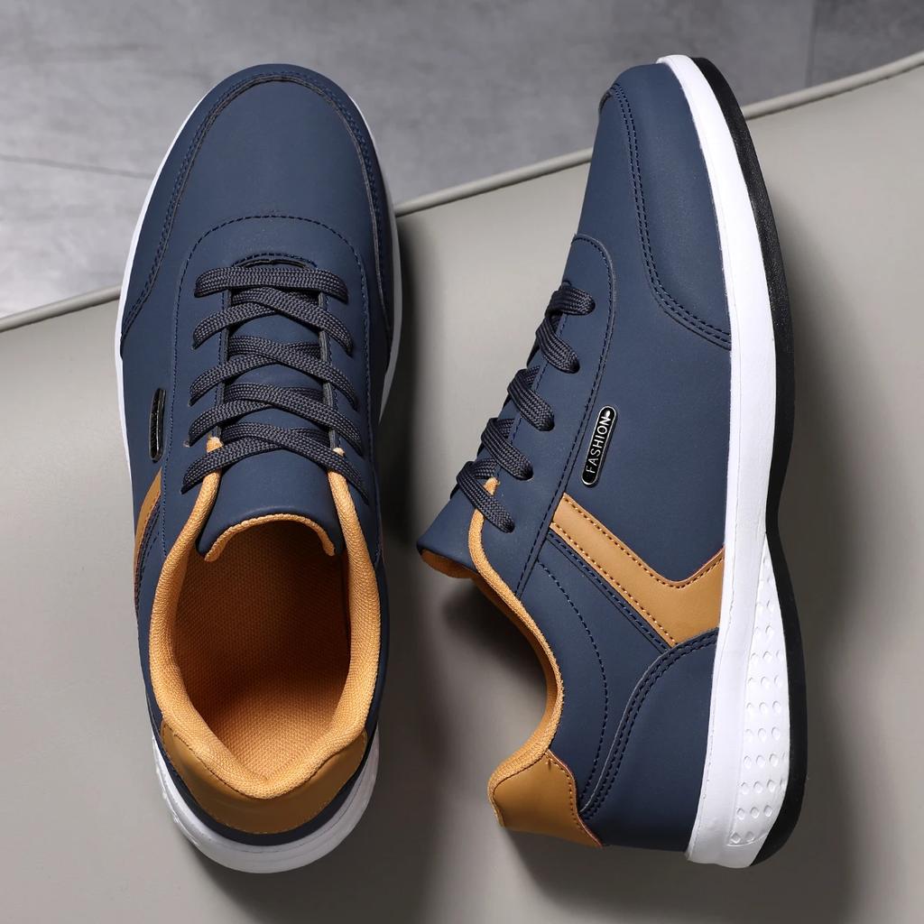 Men's Fashion Sneakers - Khaki Leather Comfortable Tennis Shoes Lace Up Large Thick Bottom Suitable for Daily Use Flat Shoes