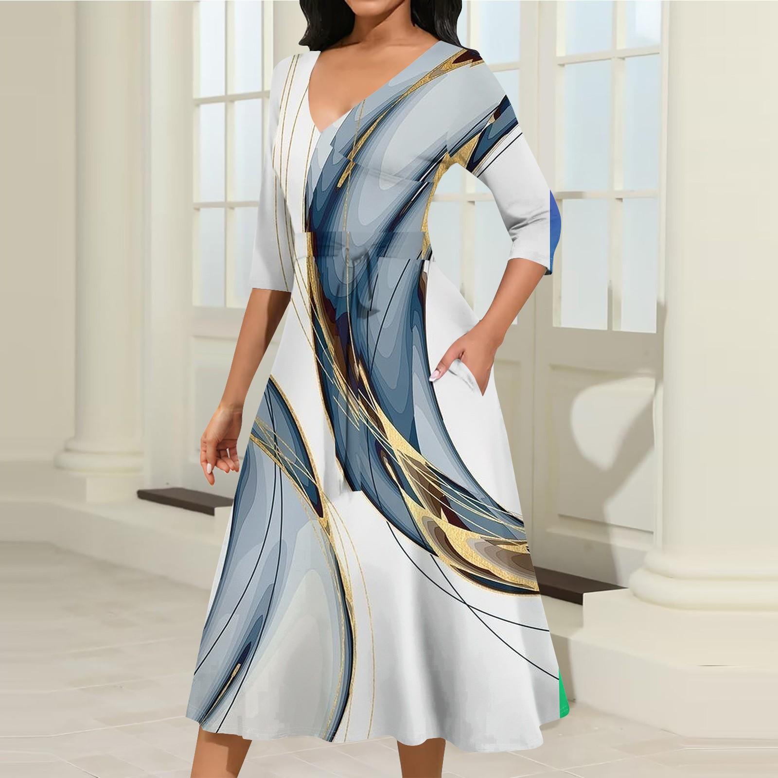 Женское повседневное модное платье миди с V-образным вырезом и рукавом три четверти — фото 5