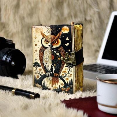 Handmade Leather Owl Journal with Lock – Vintage Refillable Diary, Gift for Writers