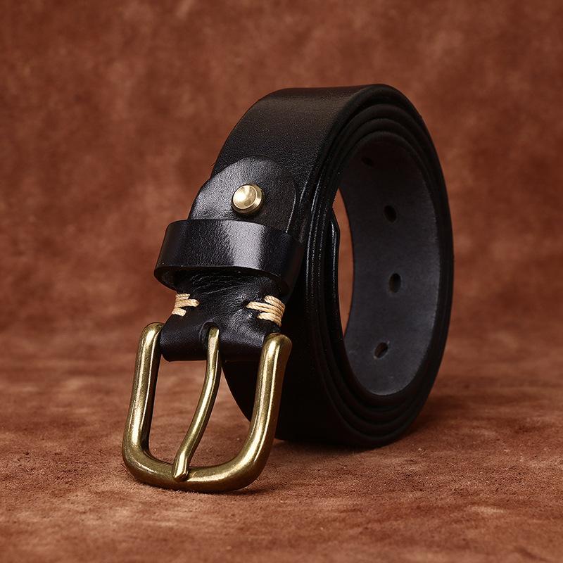 3.3Cm Wide Retro Smooth Leather Belt Men'S First Layer Cowhide Pure Copper Pin Buckle Casual Jeans Belt Men