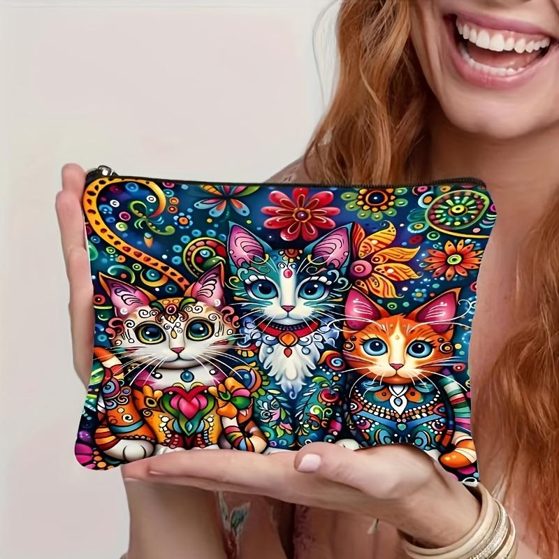 Bohemian Cat & Floral Makeup Bag with Safety Zipper Lightweight Multi-Functional Travel Cosmetic Organizer for Women Makeup Travel Bag