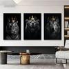 Black White Animal Kingdom Posters Canvas Print Wall Art Painting Wild Lion Tiger Eagle Bear with Gold Crown Mural Home Decor