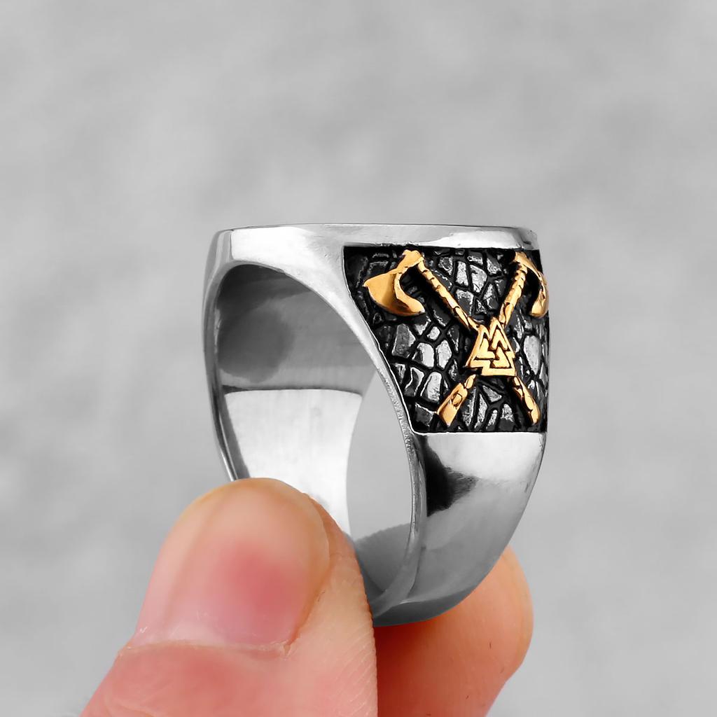 Vintage Viking Stainless Steel Compass Ring Men's Viking Valknut Axe Ring Punk Odin Rune Gold Color Ring Jewelry Gift