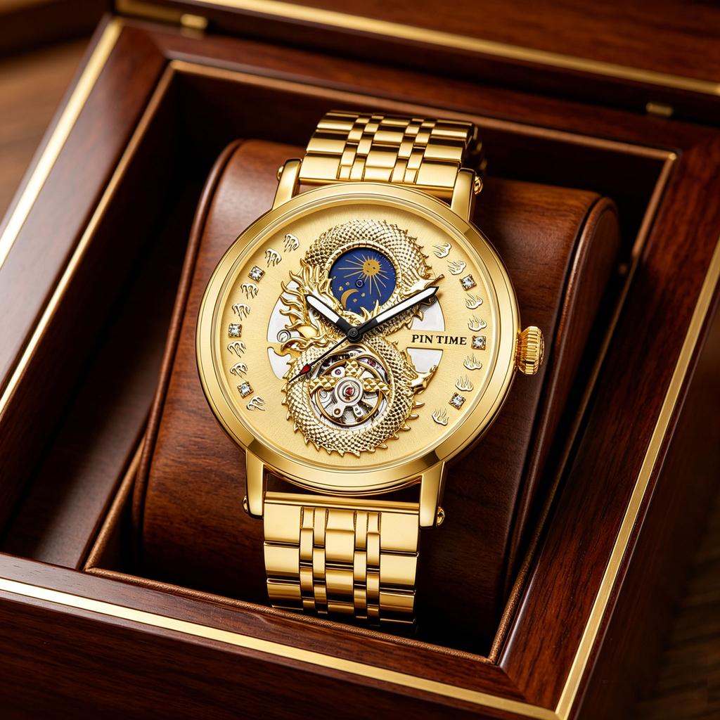1pc Men's Golden Dragon Watch, Classic Tourbillon Automatic Mechanical Watch, Set with Diamonds, Luminous Hands, Stainless Steel