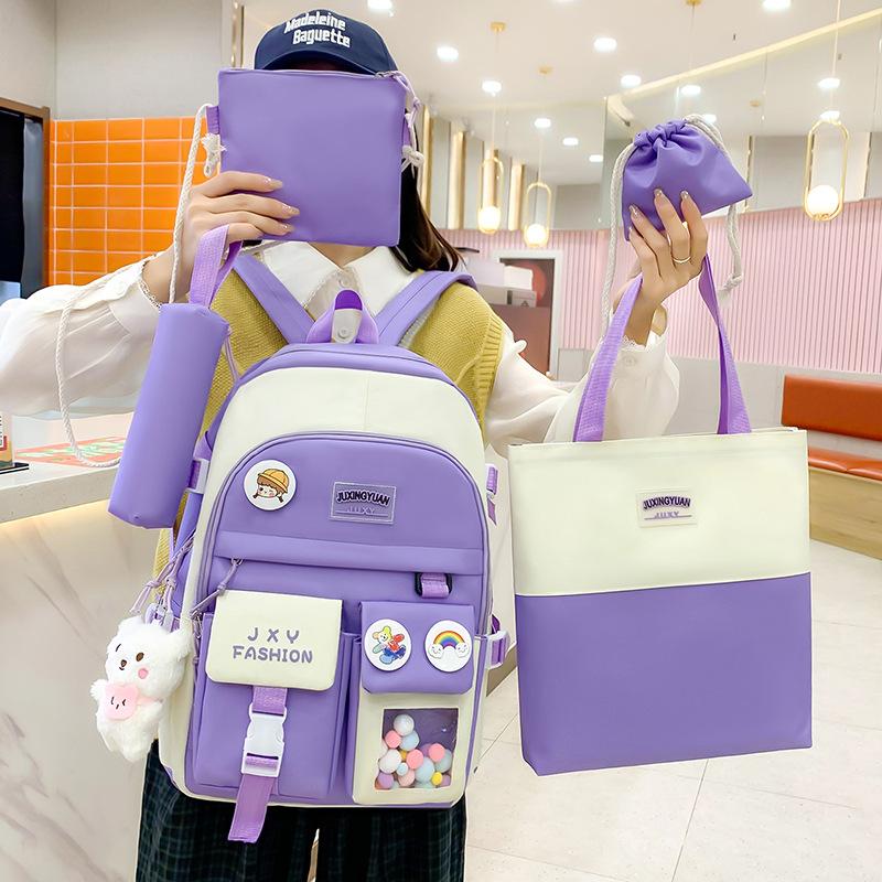 Backpack New Fashion Casual Foreign Style Simple Large Capacity Double Pocket Backpack Korean Version Small Fresh Five-piece Backpack