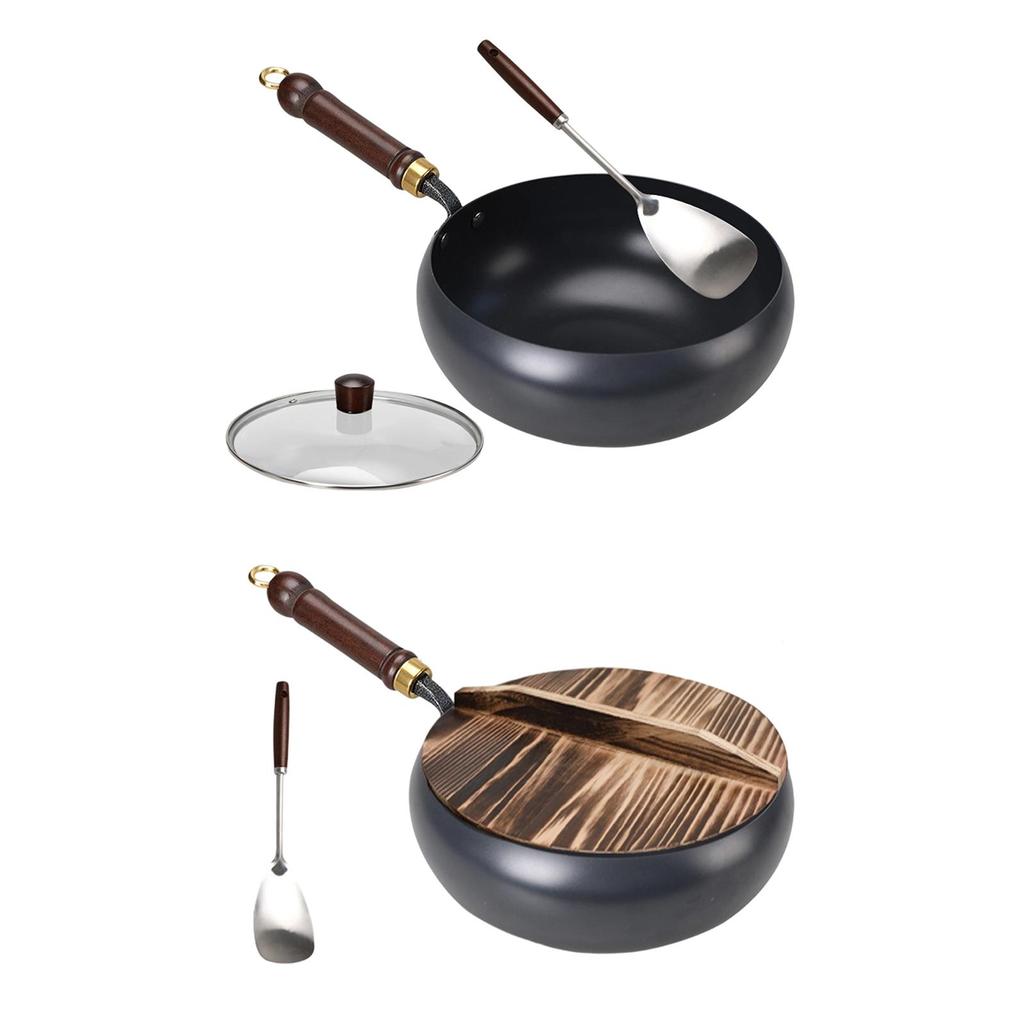 Chinese Fry Pan Boiling Gas Ergonomic Handle Spade with Lid Flat Bottom for Restaurant Home Kitchen