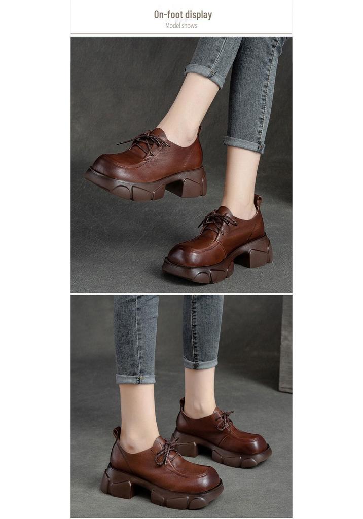 Shanghai Retro Platform Thick Sole Lace-Up Women's Loafers - Versatile, Fashionable, Height Increasing Cowhide Shoes