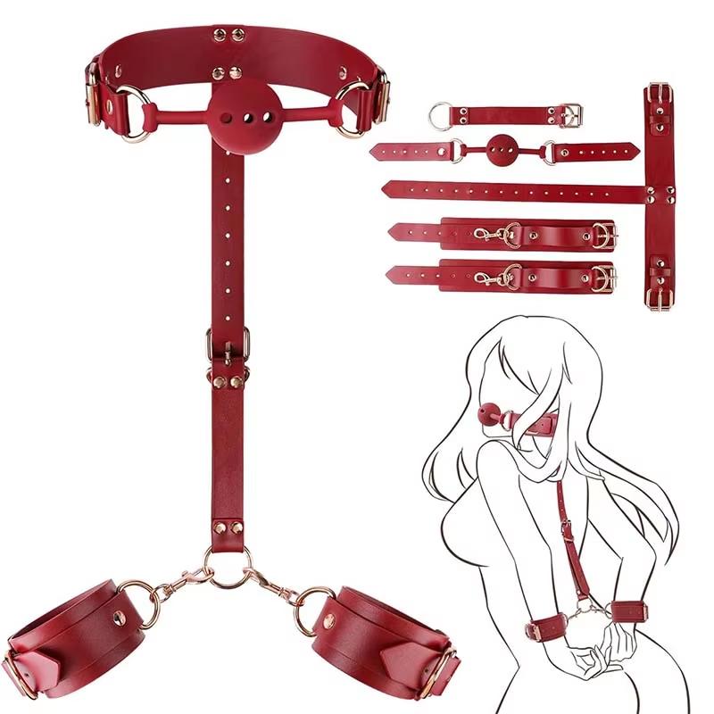 BDSM Sex Bondage Restriksjoner Kit Lær Lårsele Brystbelte Bak Ryggen Håndjern Åpne Ben SM Slave Fetisj Analkrok