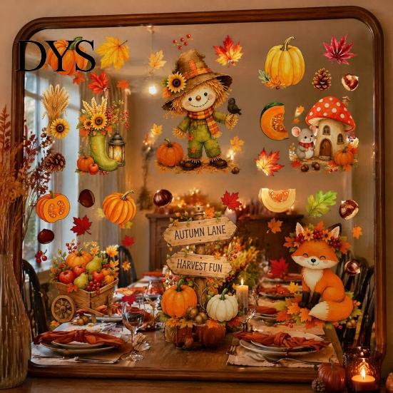 Fall Decorations for Windows 6 Sheets Autumn Harvest Window Stickers, Thanksgiving Cartoon Static Cling with Art Pumpkins Maple Leaves Scarecrows Home
