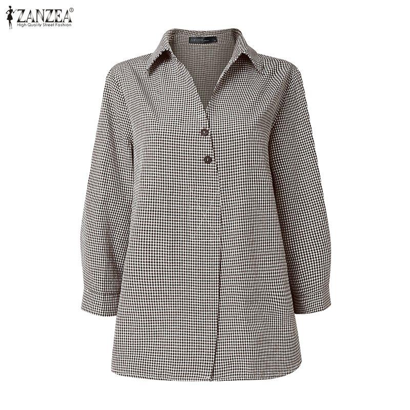 ZANZEA Womens 3/4 Sleeve Plaid Shirt Casual Button Down Lapel Neck Blouse