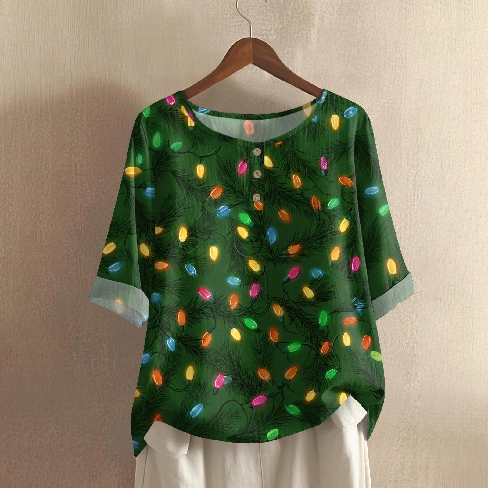 

Женская модная и повседневная рубашка с полурукавом и круглым вырезом, с рождественским принтом, блузка из хлопка и льна XXL
