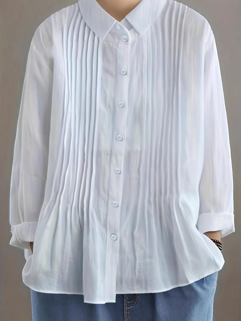 Chemise Blanche Rétro en Coton et Lin à Manches Longues Plissée pour Femme
