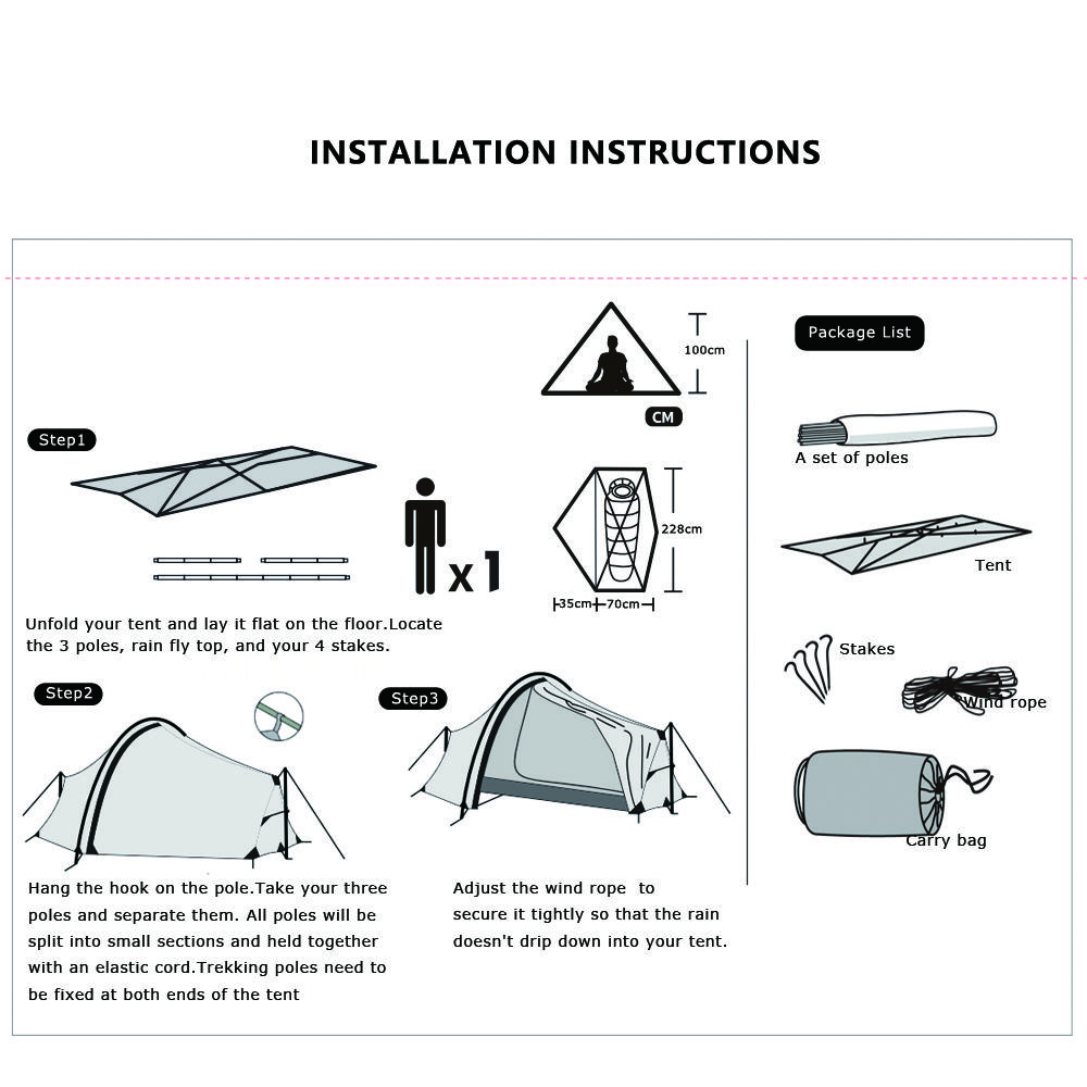 15d Double Layer One Men Single Person Tunnel Backpacking Tent 3 Season For Camping Hiking Travelling Ultralight Silicone Coated