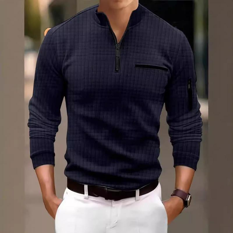 Men Waffle Quarter Zip Long Sleeve Shirt Stand Collar Casual Top With Contrast Pocket Details