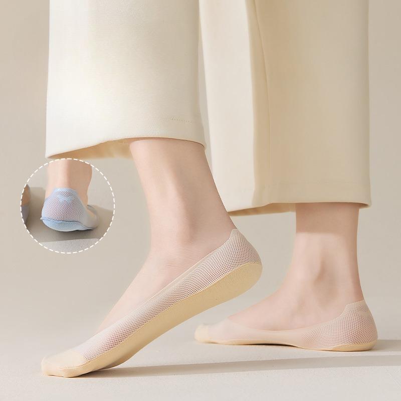 Mesh Ice Silk Women's Boat Socks, Thin, Invisible, Non-dropping Heel, Solid-color Cotton-soled Short Sock, Anti-slip and Breathable Socks