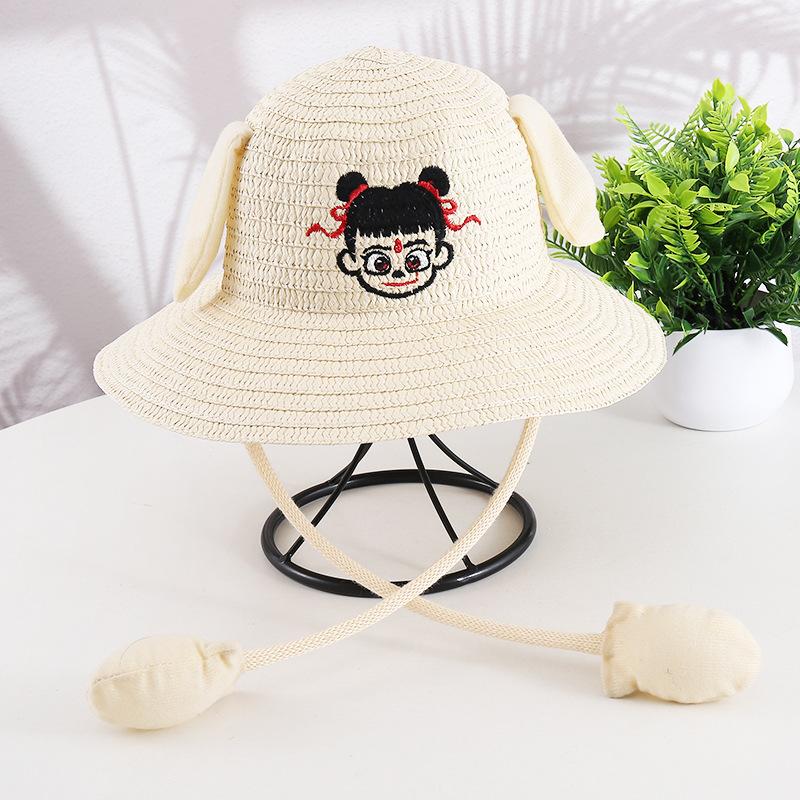 Ears move rabbit hat scenic cartoon cute children's straw hat summer sun protection Nezha sun hat airbag hat