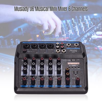 Muslady U6 Musical Mini Mixer 6 Channels Audio Mixers BT USB Mixing Console with Sound Card Built-in 48V Phantom Power EU Plug