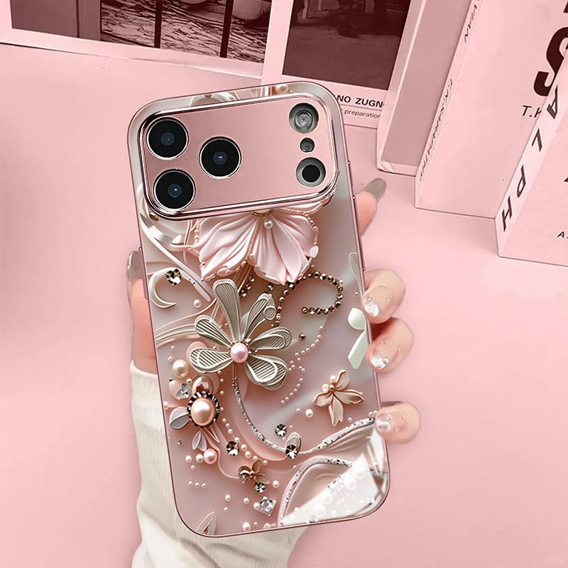 Pink Diamond Flower Tempered Glass Phone Case for iPhone 18 17 Pro Max 16 15 14 Plus 13 12 11 Pro Max 16E 17Air Protection Cover